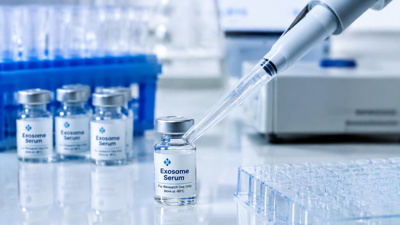 Exosome serum vials and a pipette in a modern laboratory
