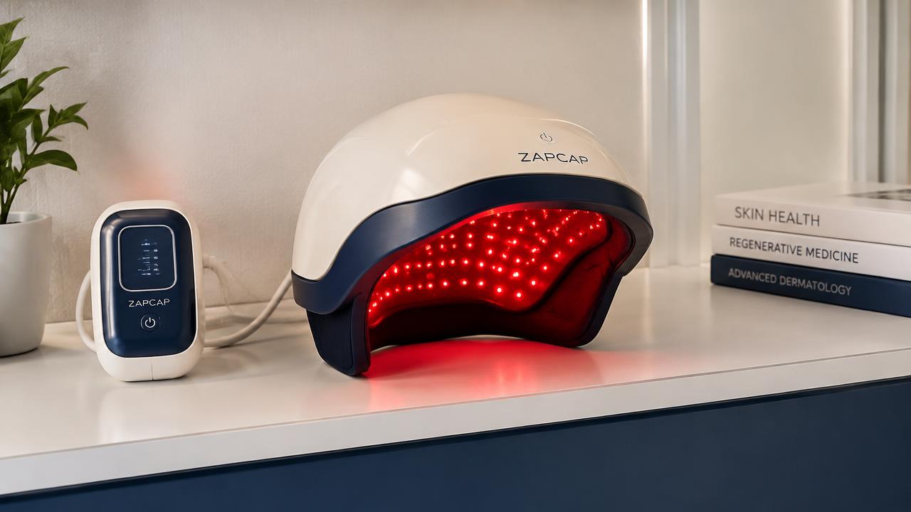 A red-light laser therapy cap glowing on a clinic shelf