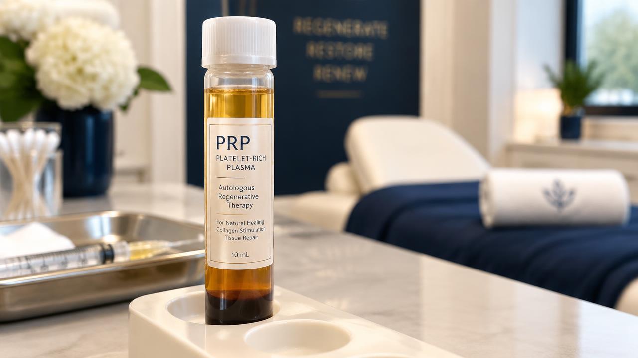 A vial of golden platelet-rich plasma in a clean clinic treatment room