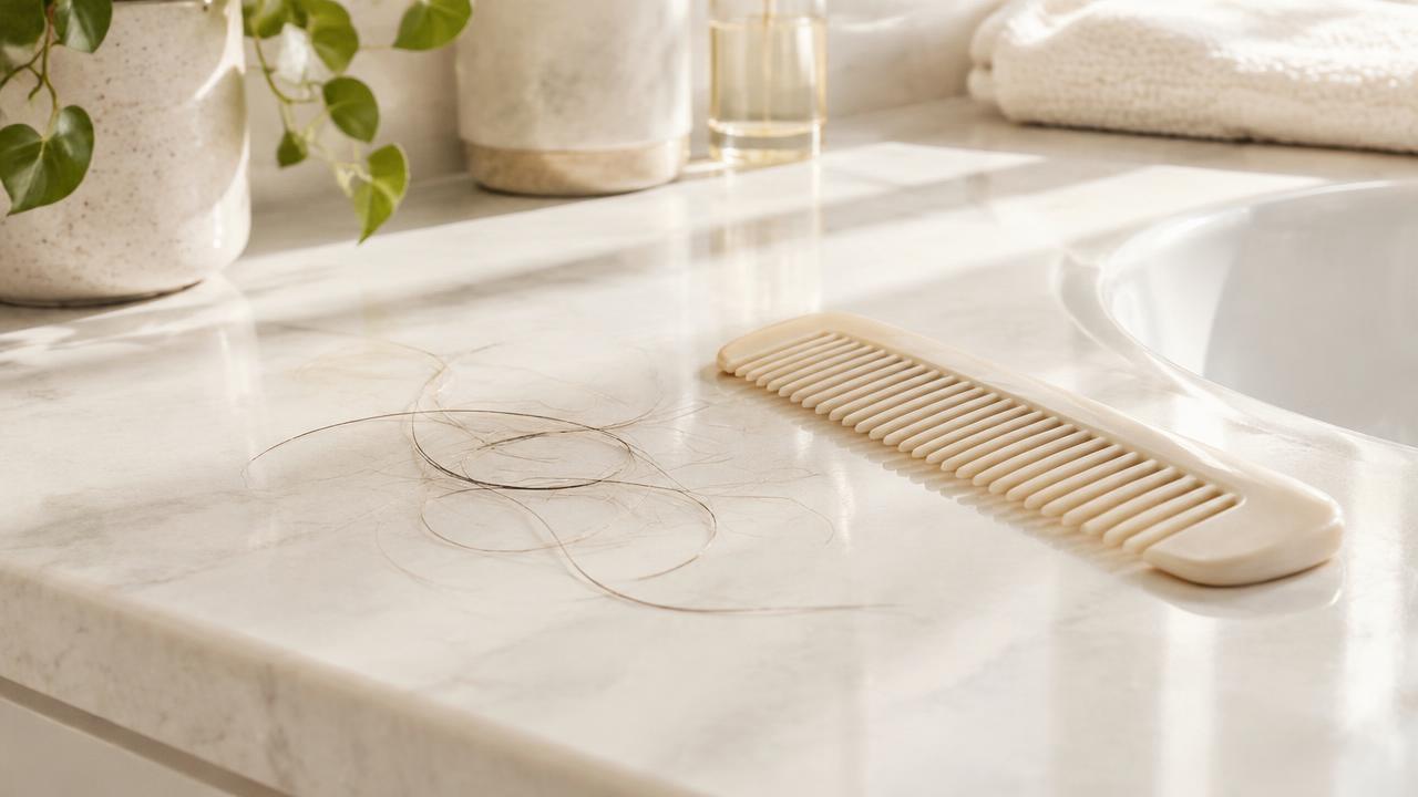 A few loose hairs beside a comb on a bright bathroom counter