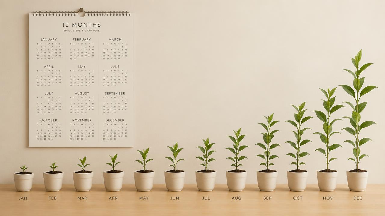 A twelve-month calendar beside plants growing progressively taller