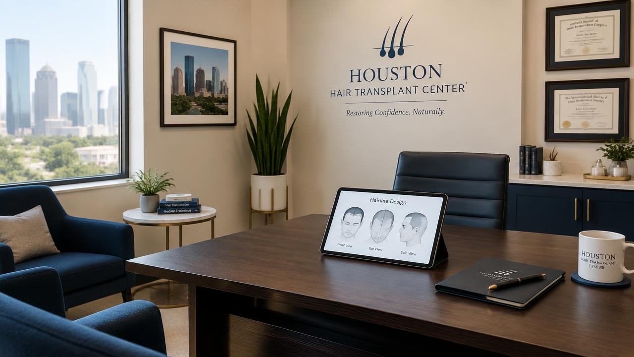 A modern Houston hair transplant consultation room with a hairline design diagram on a tablet
